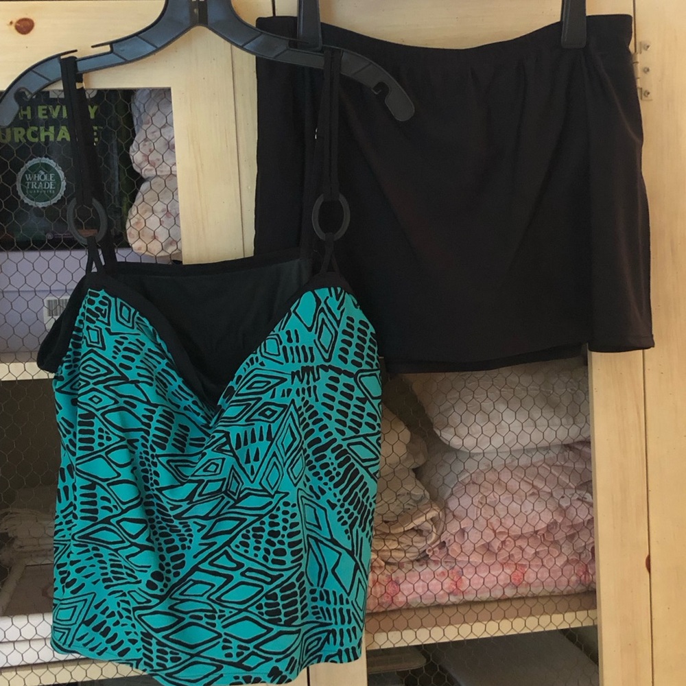 Christina Tankini 2 pc Swimsuit Geometric Swim Skirt Black Green Y2K Sz 18W